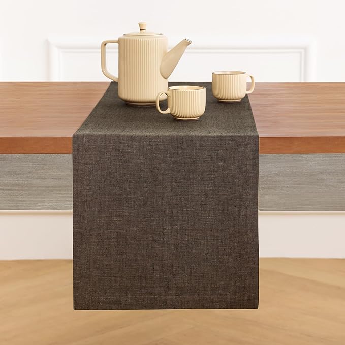 Solino Home Linen Table Runner 36 Inches - 100% Pure Linen Chambray Brown Table Runner 14 x 36 Inch Ideal for Dresser and Coffee Tables - Winter - Athena