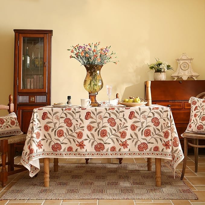 ISAENNE Designer French Rectangular Tablecloth,Linen Orange Floral Pattern Indoor Table Cloth,Wrinkle Resistant Decor Table Cloth for Dining Thanksgiving Kitchen Party,55"*87"-Alvarado D
