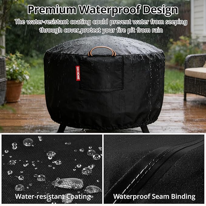 [2025 Upgraded 900D Fabric] Fire Pit Cover Round for 33-36 inch Fire Pit, 900D Heavy Duty Waterproof Fabric with Air Vent, Handle & Tightening Drawstring, 36" Dia x 20" H -Black