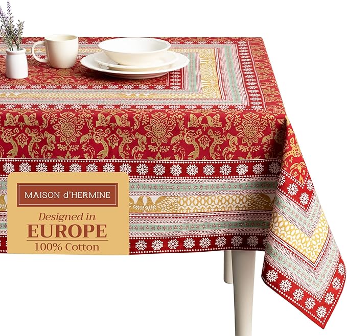 Maison d' Hermine Table Cloth Rectangle Table 100% Cotton 70 x 120 Inches Fall Tablecloth Reusable Everyday Use for Thanksgiving Christmas Decorations Dining Farmhouse Party (Sofia)
