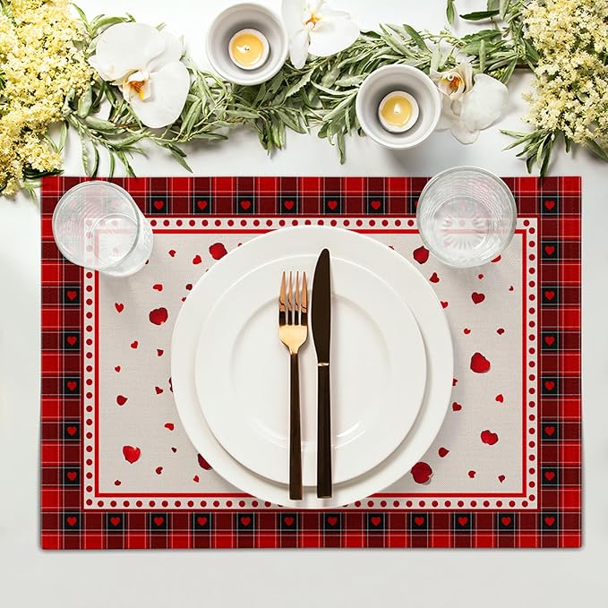 Giwawa 4PCs Valentines Day Placemats 12x18 Inch Love Hearts Rose Flower Place Mat Red Black Buffalo Plaids Non Slip Heat Resistant Table Mats for Kitchen Dining Holiday Wedding Anniversary Decor