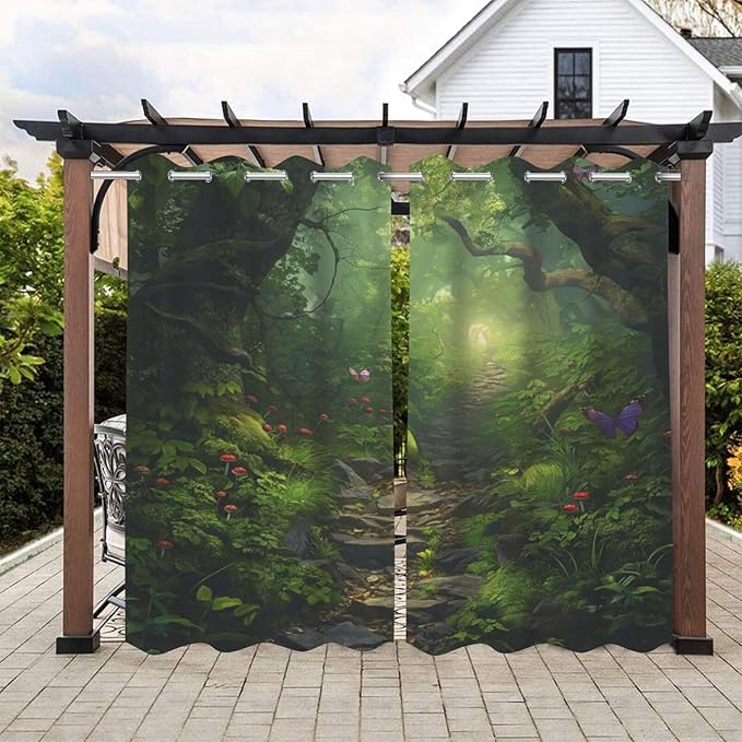 Fantasy Theme Outdoor Curtains for Patio Waterproof,Forest Pattern,Waterproof, Privacy, Grommet Curtains for Patio, Pergola, Porch, Deck, Lanai, Cabana,Set of 2 Panels,W54 x L108,Green