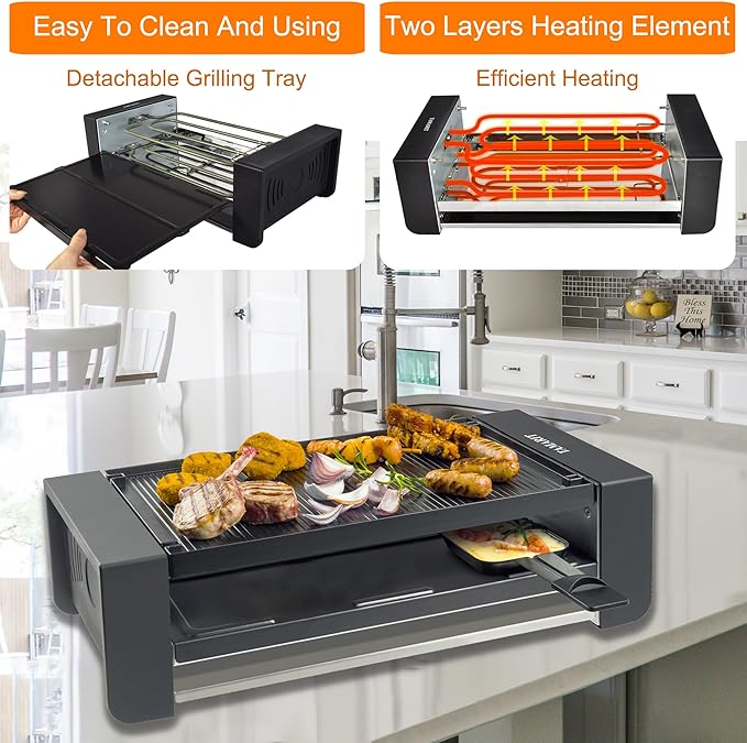 TAMARIT Raclette Party Grill Portable Indoor Electric Korean BBQ Grill 2 in 1 Raclette Table Griddle with Nonstick Coating Plate 4 Pizza Pans 8 Cheese Trays Upper and Lower Heater, PFAS-No