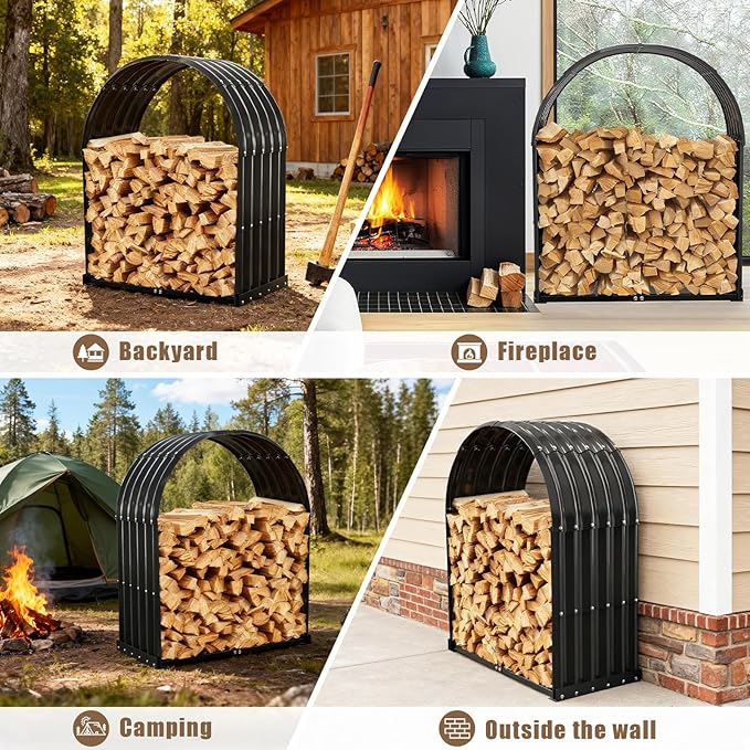 Heavy-Duty Black Firewood Storage Shed – Metal Log Holder with 32" Round Roof – Outdoor Wood Rack for Patio, Deck & Fireplace – Weatherproof Lumber Stand for Firewood (2.7FT Diameter Roof)
