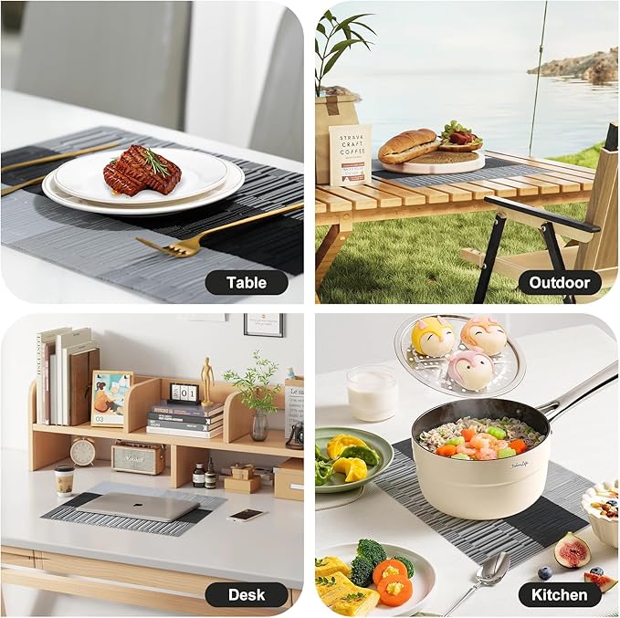 Placemats Set of 6，Non-Slip PVC Weave Table Mats Easy to Clean，Heat Resistant Place Mats for Kitchen Dining Table Decoration Indoor Outdoor，Black Gray
