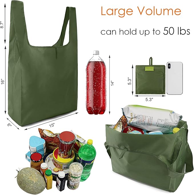 BeeGreen Green Reusable Grocery Bags Wholesale Green Reusable Kitchen Bags Bulk Foldable-Machine Washable with Zipper Storage Pouch 20 Packs