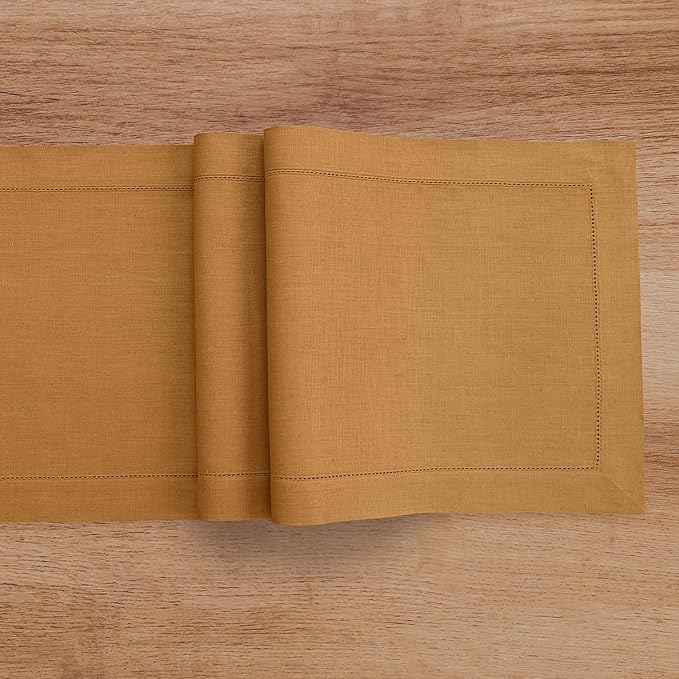 Solino Home Linen Brown Sugar Table Runner 120 Inches Long - 100% Pure Linen 14 x 120 Inch Table Runner - Classic Hemstitch
