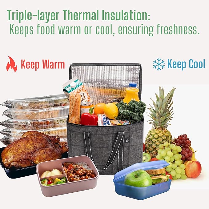 VENO 2 Pack Cooler Bag and Insulated Grocery Bags for Food Delivery, Collapsible Cooler. Reusable Shopping Bags for Groceries with Hard Bottom, Zippered, Foldable, Heavy-Duty (Windowpane, 2 Pack)