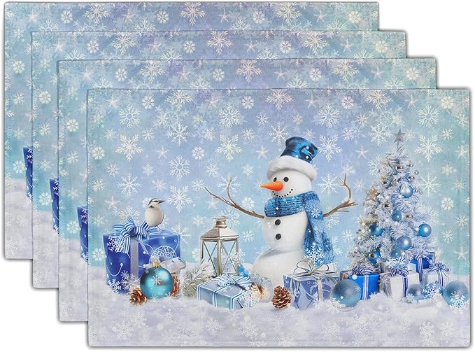 Giwawa Blue Snowman Placemats Set of 4 Christmas Trees Balls Winter Snowflakes Linen Place Mat Xmas Snow Scenery Non Slip Heat Resistant Table Mats 12"x18" for Kitchen Dining Holiday New Year Decor