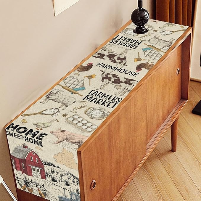 Farmhouse Rooster Table Runner, Rustic Cow Chicken Pig House Animals Coffee Table Center Decor for Family Kitchen Dining Room and Living Room Outdoor Country Holiday Party Table Decorations, 13"x108"