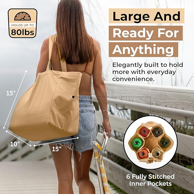 VeraMia Canvas Grocery Bag 3pc XL Set with Real Pockets, Long Shoulder Strap and Short Handle. Heavy Duty, Foldable, Washable
