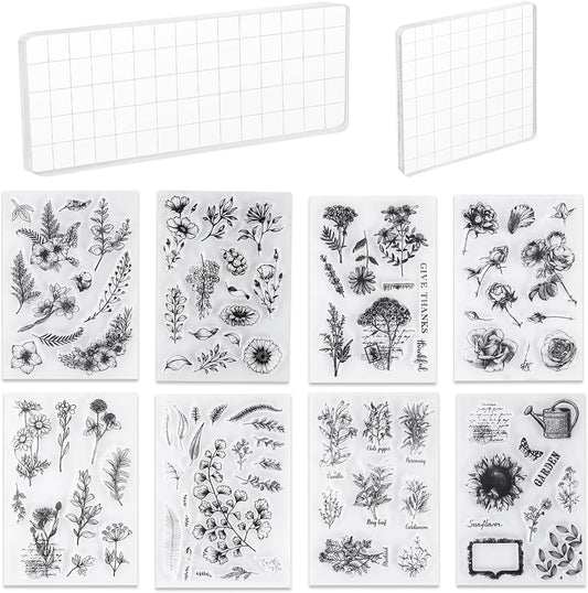 UCEC 8 Sheets Clear Stamps Set, 2 PCS Acrylic Stamp Block (15*5cm & 7.5*7.5cm), Vintage Plants Flower Rubber Silicone Stamps, Scrapbook Clear Stamp for Card Making & DIY Christmas Crafts Decoration