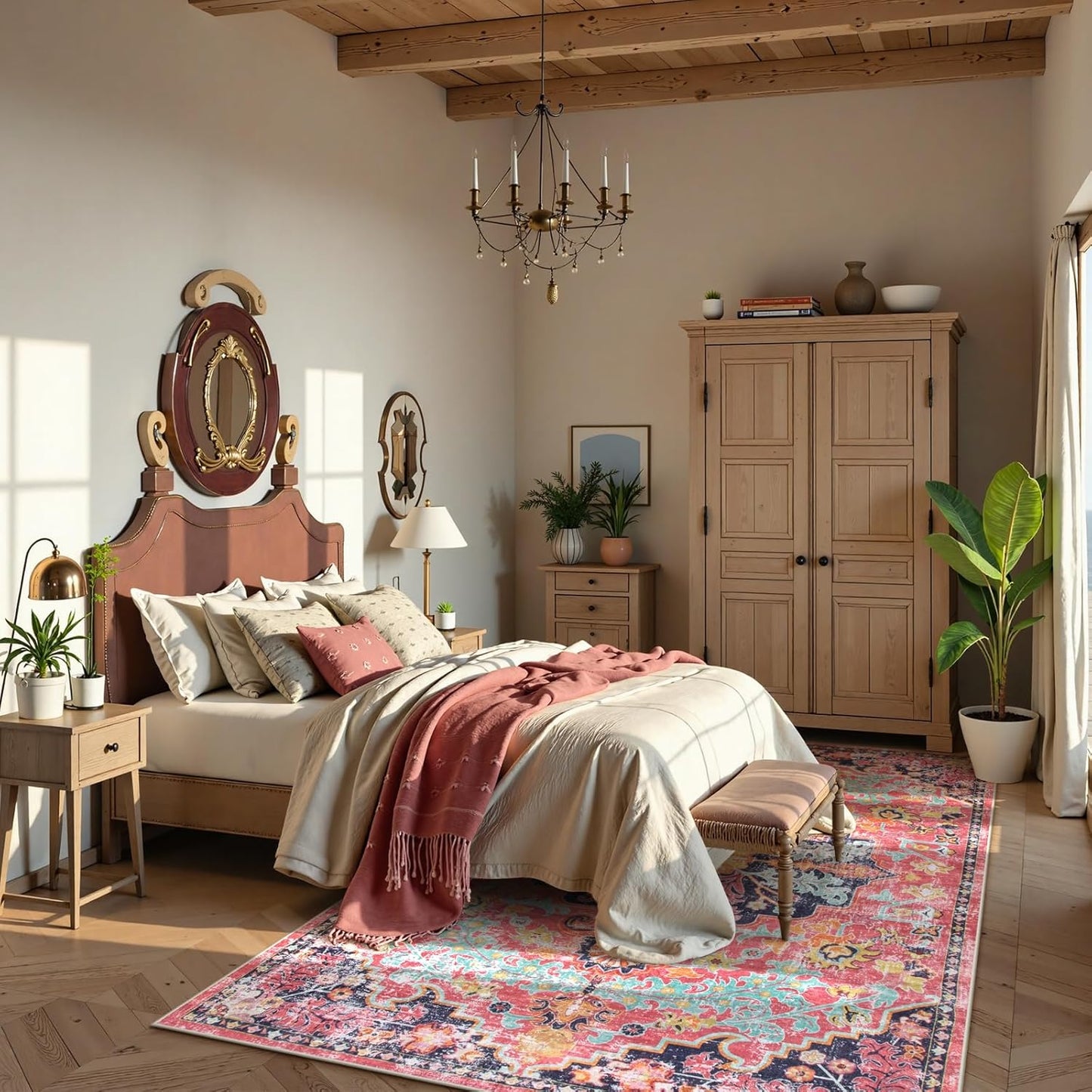 Lahome 6x9 Area Rugs Machine Washable Area Rugs for Living Room,Non Slip Bedroom Rug,Dining Room Rugs for Under Table,Large Bohemian Vintage Non Skid Indoor Carpet for Home Office(6x9ft,Fuchsia)