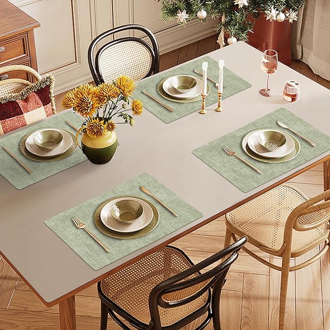 Faux Leather Heat Resistant Placemats Set of 8 – Waterproof Oilproof Wipeable Dining PU Vinyl Place Mat Easy Clean Table Mats for Kitchen/Dining/Party/Holiday, Grass Green
