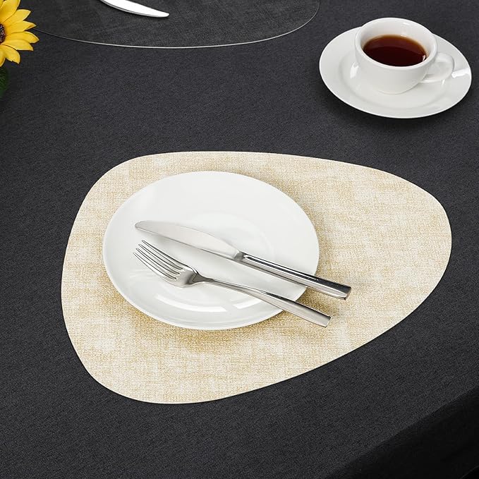 Placemats and Coasters, Washable Reversible Placemats Round Faux Leather Wipeable Place Mats Non Slip Heat Resistant Indoor Outdoor Table Mats (Set of 6, Gray Cream)