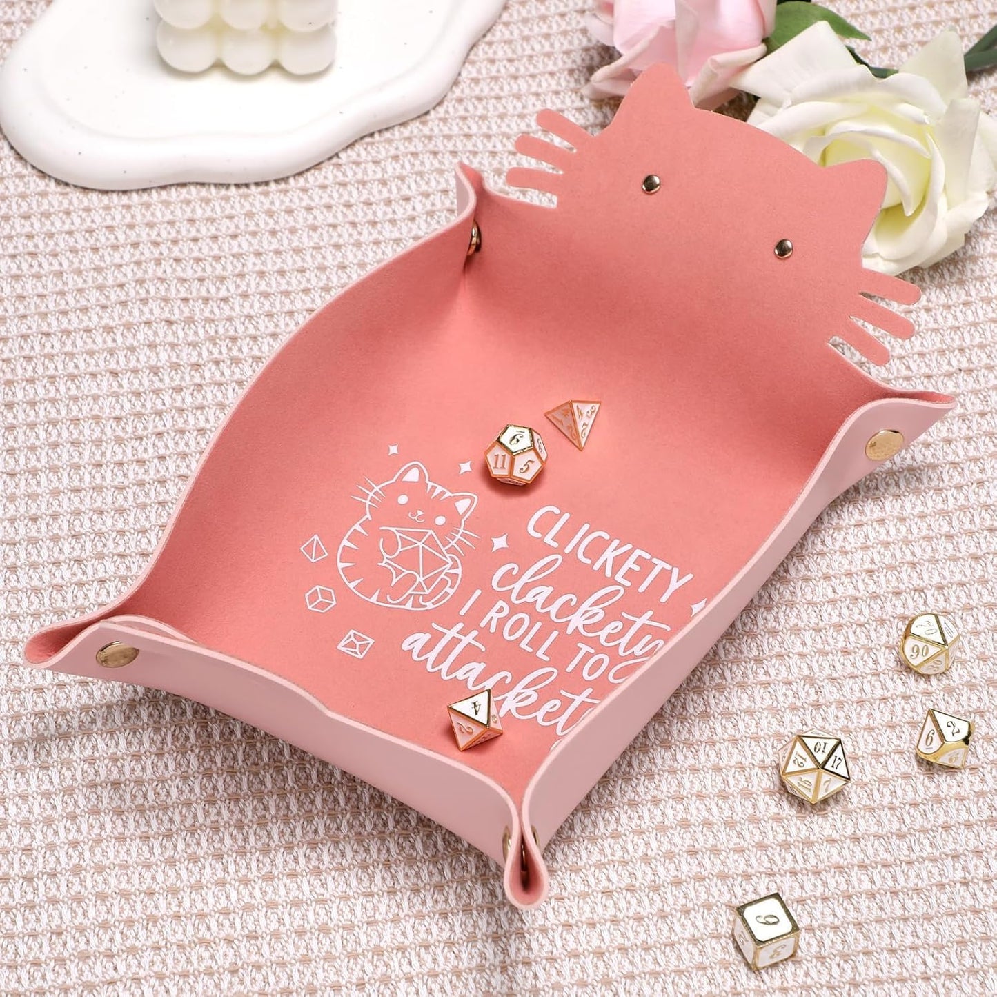 Cat Dice Tray Pinkk for Rolling Funny Folding Leather Dice Tray Portable Travelling Dice Storage Accessories Decorative Desk Organizer for RPG, DND Game Players