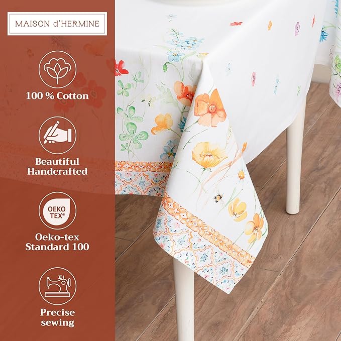 Maison d' Hermine Table Cloth Rectangle Table 100% Cotton 70 x 140 Inches Tablecloth Reusable Decorative for Dining Room, Farmhouse, Home, Party, Festive & Wedding Spring Summer - Summer Whisper