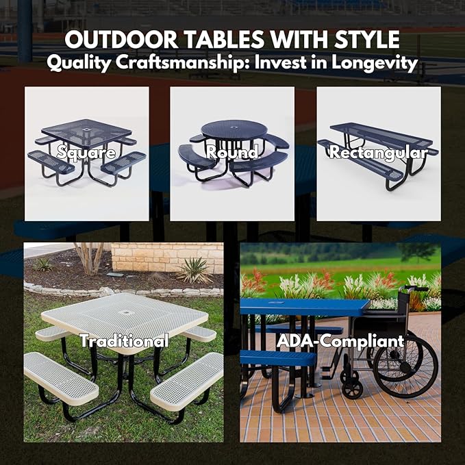 COATEDOUTDOORFURNITURE Heavy-Duty Portable Outdoor Picnic Table with Umbrella Hole, Punched Steel Patio Dining Furniture Made in America (46" Round Top, Green)