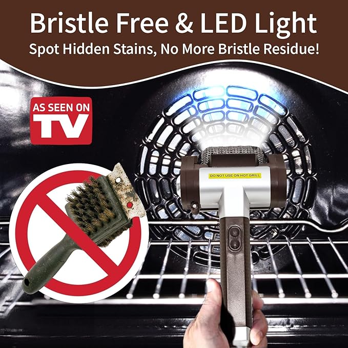 Electric Grill Cleaner Bristle Free with SUS Roller Head for Outdoor, Cordless Grill Brush for BBQ with LED Light, Motorized Grill Cleaning Tool