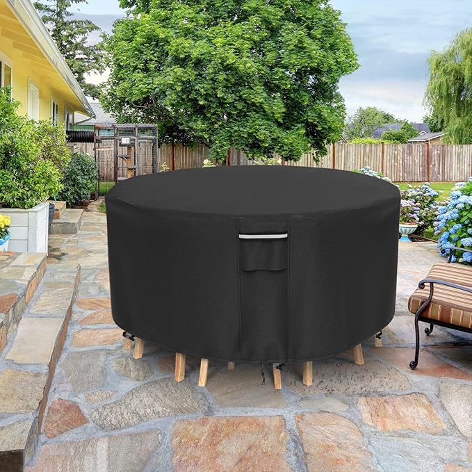 Round Patio Furniture Covers, 500D Heavy Duty Waterproof UV Resistant Cover for Round Outdoor Dining Table & Chairs,62" Dia x 28" H -Black