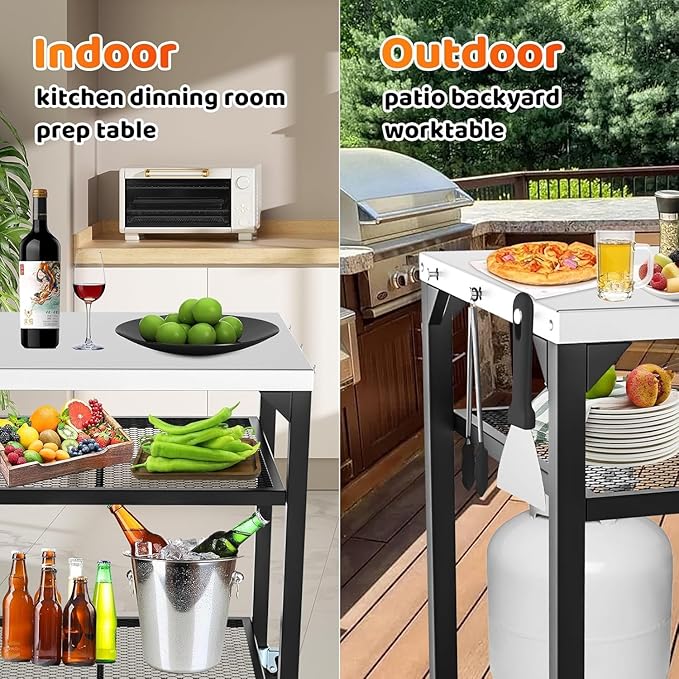 Pizza Oven Table for Ooni, Ninja, Woodfire, Blackstone, Bighorn, Cuisinart, Outdoor Grill Table for Ooni Pizza Oven Accessories, Movable Pizza Oven Stand as Food Prep Cart, Barbecue Tool Set