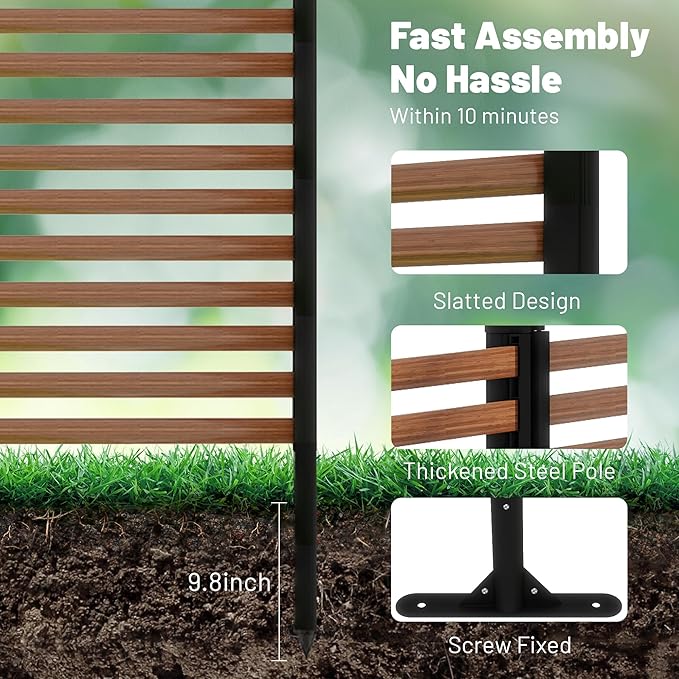Outdoor Privacy Screen Fence with Feet Stand 3.3FT x 6FT, Wood Texture Freestanding Fence Privacy Screen for Outside, Metal Pipes and Slats Panels Divider for Garden Patio Balcony Backyard