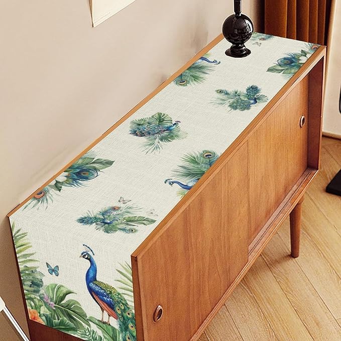 Peacock Table Runner,Traditional Chinese Style Peacock Feather Bird Floral Tropical Leaf Table Center Decor for Home Dining Kitchen Patio Holiday Party Indoor Table Decorations, 13"x108"