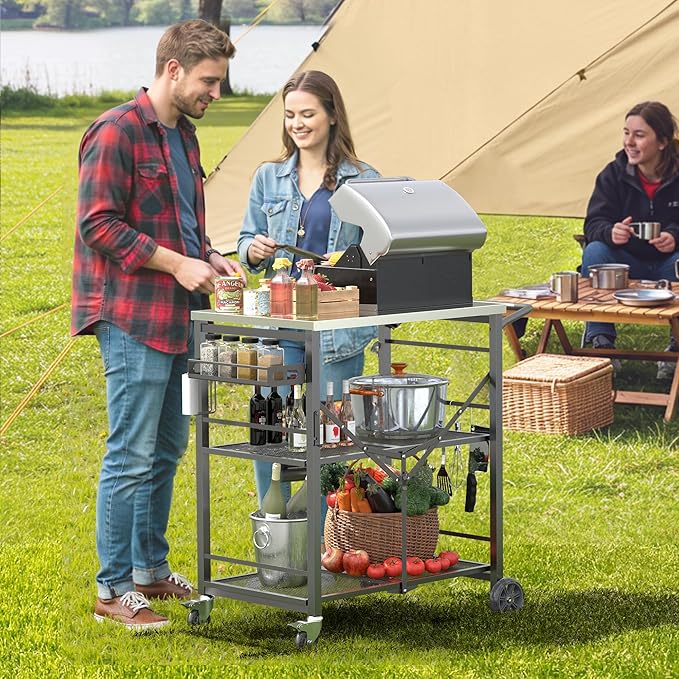 Ciokea Folding Outdoor Grill Cart with Wheels, 3-Shelf Grill Table with 27x18IN Stainless Steel Top, Rolling Pizza Oven Stand, Metal Portable Cart for BBQ Patio Camping (Grey)