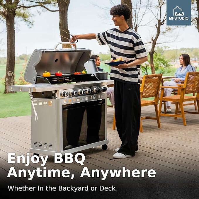 MFSTUDIO 7 Burner BBQ Gas Propane Grill with Searing Side Burner, Porcelain-Enameled Cast Iron Grates and Dual-Side Griddle Combo for Outdoor Barbecue Cooking