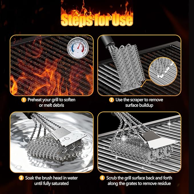 HOUSE AGAIN Grill Brush and Scraper Bristle Free, 304 Stainless Steel Brush Head Non Metal Bristles, Safe Steam Outdoor Grill Cleaning BBQ Grill Accessories for Smoker/Porcelain/Weber Gas/Charcoal