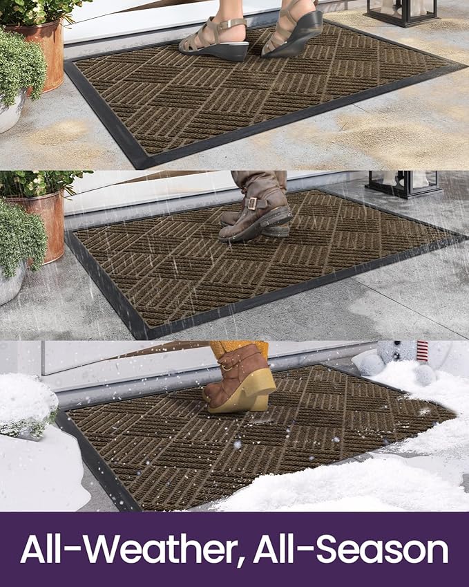 DEXI Front Door Mat Outside Entrance, 17x29 Rubber Entry Doormat Heavy Duty, Welcome Mats Non Slip for Inside House Floor Entryway Back Doors Exterior Patio, Diamond Brown