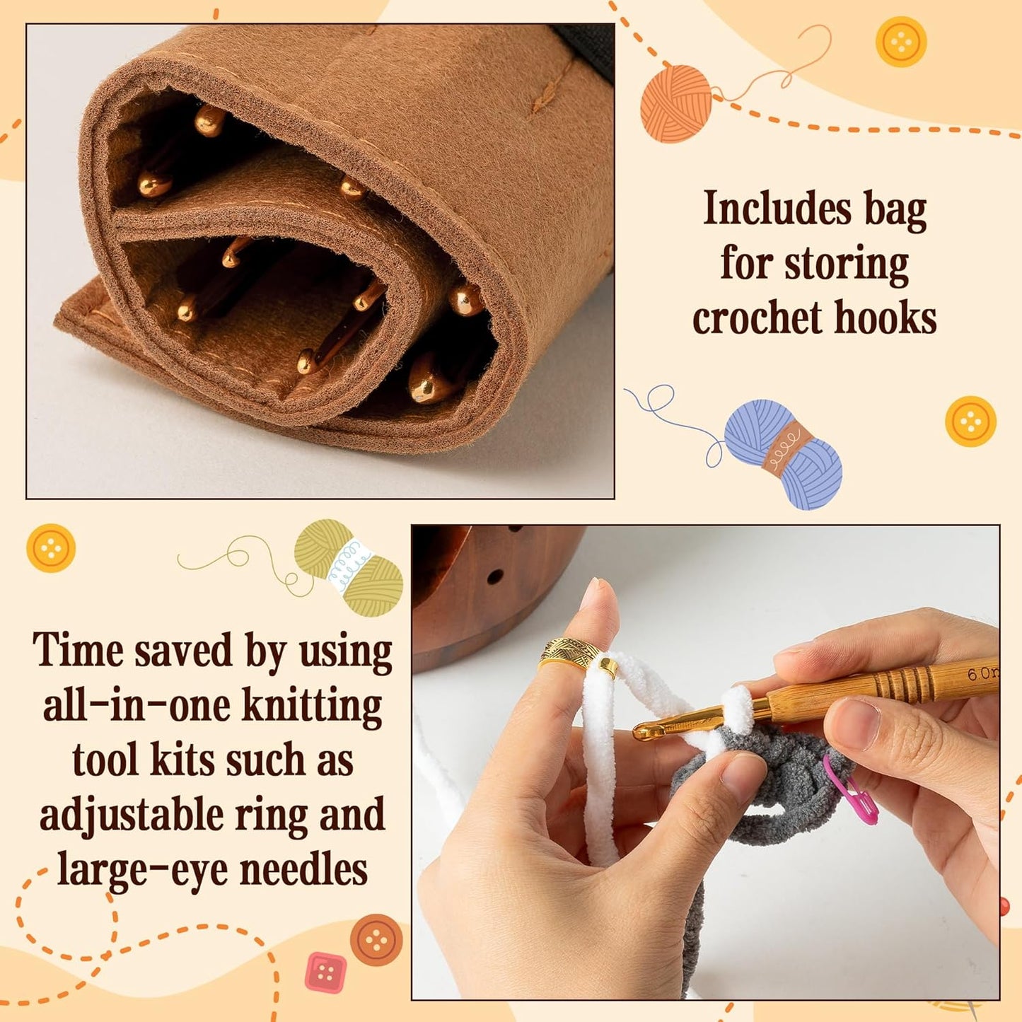 WATINC Wooden Yarn Bowl Holder Set - Large Crochet Yarn Storage Bowls with 9pcs Metal Knitting Hooks, Adjustable Loop Ring Stitch Markers with Box Crochet Gifts for Knitters Crocheters (Dark Brown