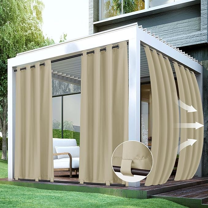 HolidayIdeas Outdoor Curtains for Patio Waterproof-4 Panels 54"x84"-Windproof Weatherproof Privacy Cream Outside Curtains-Grommet Top and Tab Bottom Drape for Gazebo, Porch, Pergola, Cabana, Backyard