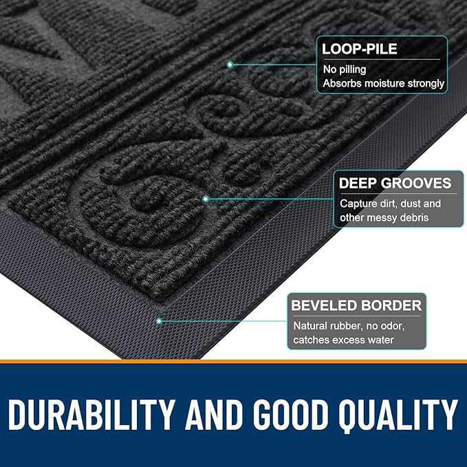 OLANLY Welcome Door Mat Indoor Outdoor Entrance, Heavy Duty Sturdy Front Door Mat, Waterproof All-Weather Doormat, Stain Resistant, Low Profile, Easy Clean Patio Entryway Mat, 29.5 x 17, Black