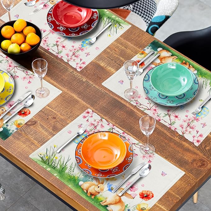 Giwawa Easter Placemats Set of 4 Spring Bunny Rabbits Flowers Place Mat 12x18 Inch Colorful Eggs Tree Floral Table Mats Washable Satin Resistance for Party Kitchen Dining Holiday Decor