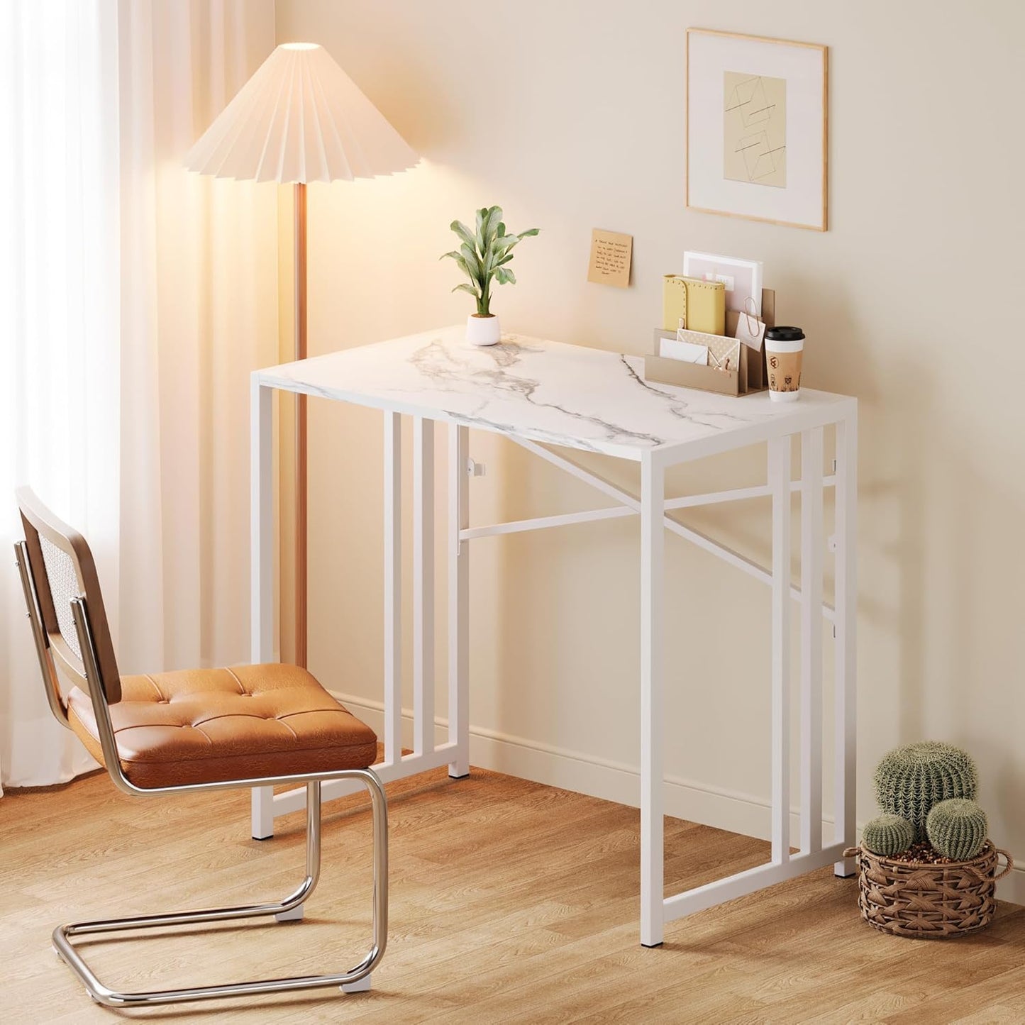 35 inch Folding Small Desk, Writing Gaming Computer Camping Desk for Small Spaces, No Assembly Required Home Office Table, White Marble