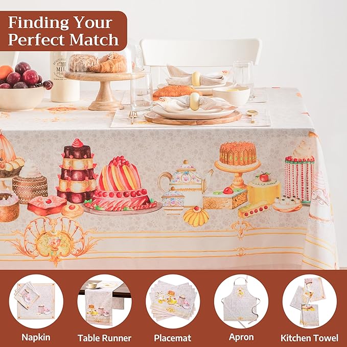 Maison d' Hermine Premium Table Cloth Rectangle Table 100% Combed Cotton 108 x 70 Inches Tablecloth Reusable Decorative for Dining Room, Farmhouse, Home, Party, Festive & Wedding - Pastries