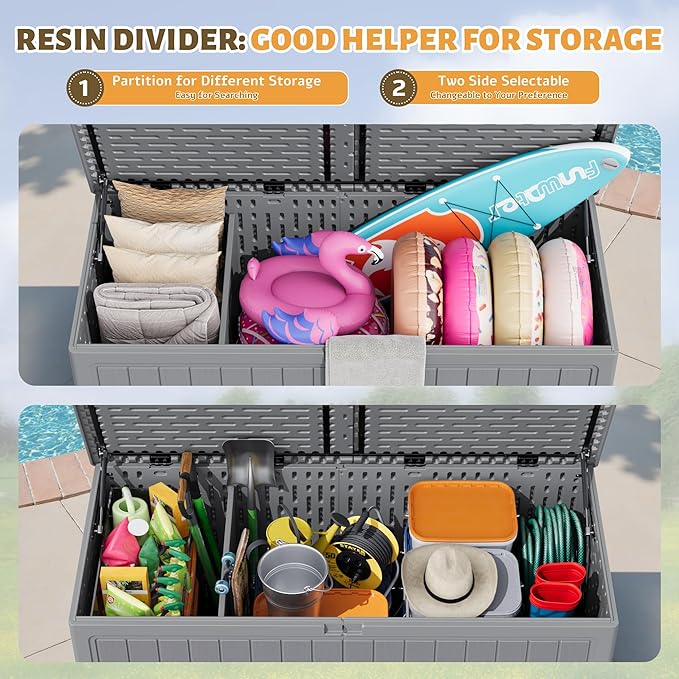 Flamaker Resin Deck Box 270 Gallon, Waterproof Imitation-Wood Lockable Storage Box with Separator Plate Outdoor Indoor, Garden, Patio Furniture for Tools&Pool Accessories (Gray)