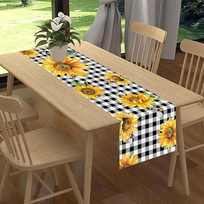 Sunflower Table Runner, Baffalo Plaid Summer Fall Yellow Florals Rustic Farmhouse Country Bumble Bee Coffee Table Center Decor for Home Kitchen Dining Patio Indoor Outdoor Decorations, 13"x90" Inch