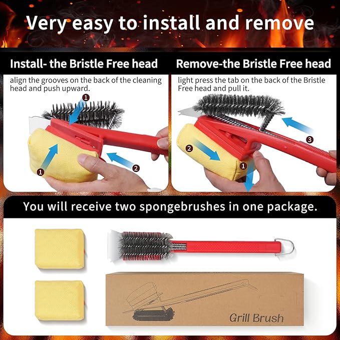 BBQ Grill Brush with Scraper-Removable BBQ Clearning Brush Head with Wire Bristles Brush & 2 Steam Brush-Red Grill Cleaner Brush Accessories for Gas/Charcoal Grilling Grates-Gifts for Grill Men