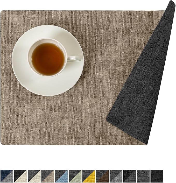 Romanstile Reversible Vinyl Placemats Set of 4, Faux Leather 100% Waterproof Oil-Proof Wipeable Place Mats, Heat Resistant Dual Sided Table Mats for Kitchen/Dining/Party (Grey Khaki, 12 x 17 Inch)