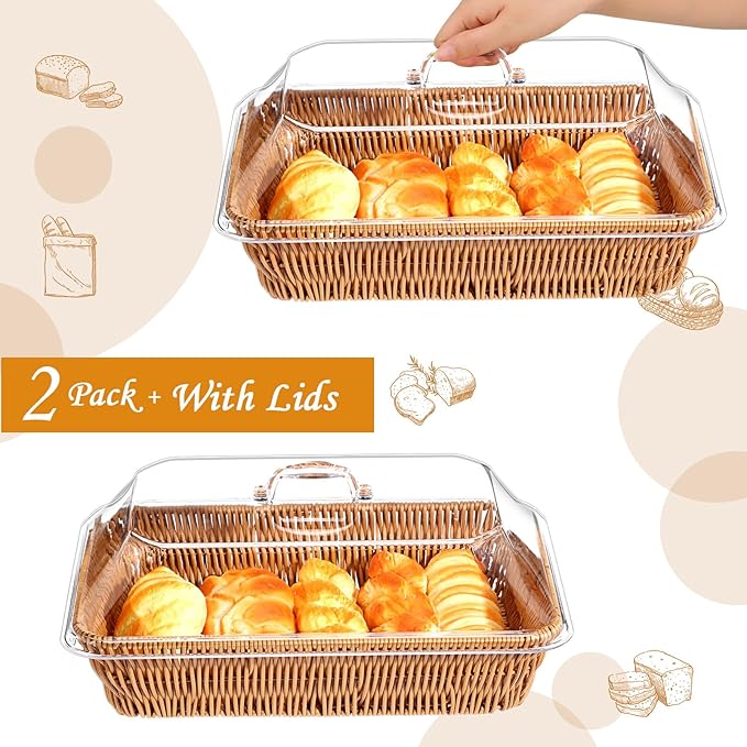 2 Set Wicker Bread Basket for Serving with Acrylic Lid Imitation Rattan Bread Basket Woven Rectangular with Cover for Fruit Food Display Party Easter Picnic(13.78" X 9.84")