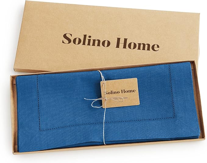 Solino Home Linen Indigo Blue Hemstitch Table Runner 60 Inches - 100% Pure Linen Small Table Runner 14 x 60 Inch Ideal for Dresser and Coffee Tables - Classic Hemstitch - Winter, Spring, Easter