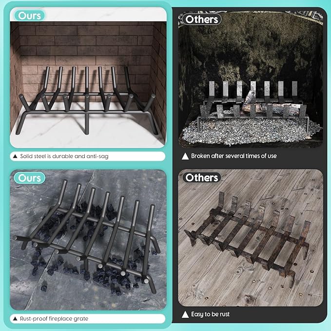 21-Inch Fireplace Grate, Heavy Duty 7-Bar Log Rack Holder Made of Solid Round Steel for Indoor/Outdoor Fire Pits, Wood Stoves & Kindling Tools
