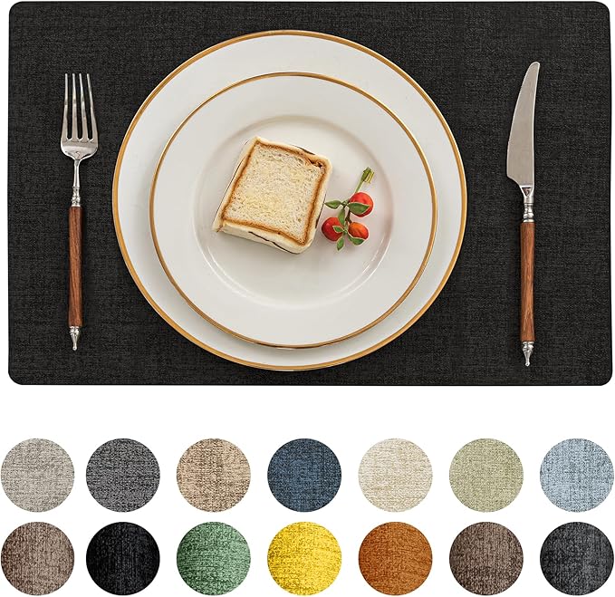 Romanstile Vinyl Placemats Set of 4-12 X 17 Inch - Heat Resistant Place Mats 100% Waterproof Oilproof Wipeable Reversible Faux Leather Table Mats for Kitchen, Dining, Party, Outdoor, Black