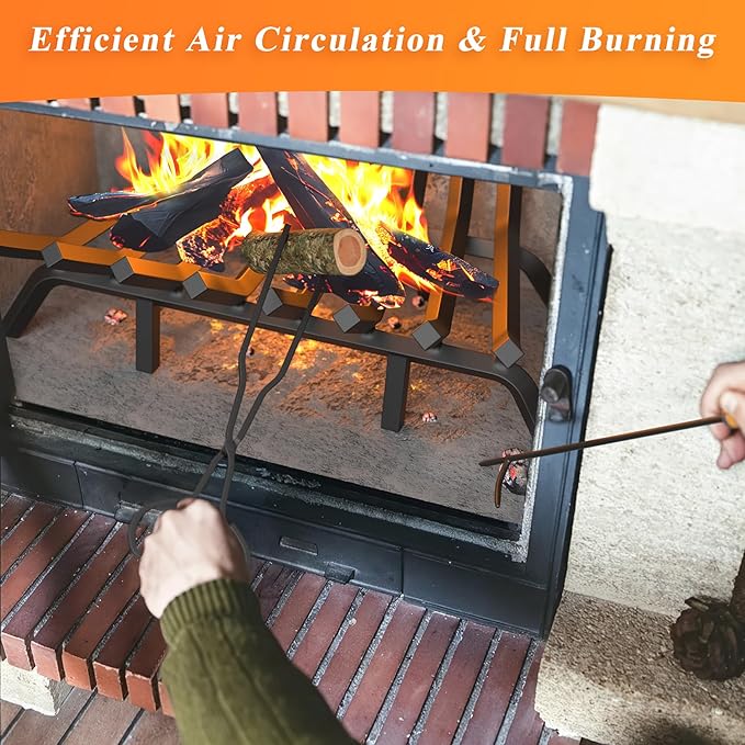 Fireplace Grate 30 Inch with 8 Support Legs, Solid Steel Heavy Duty Fireplace Log Holder with Fire Log Tongs & Fire Poker, Fireplace Log Grate for Indoor Fireplace and Outdoor In-ground Firepit