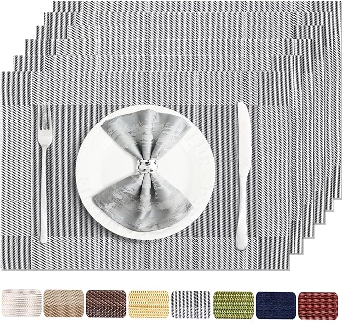 Placemats Set of 6 Washable&Wipeable Silver Place mats for Dining Table Kitchen Indoor Outdoor Table Mats Heat Resistant Non Slip Woven Vinyl Table Placemats (Grey，6PCS)