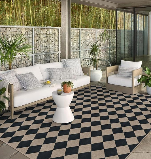 Easy Jute Black Checkered 8x10 Area Rug, Washable Modern Outdoor Rug for Patio Non-Slip Diamond Rugs for Living Room, Neutral Farmhouse Floor Carpet for Bedroom Dining Room Classroom