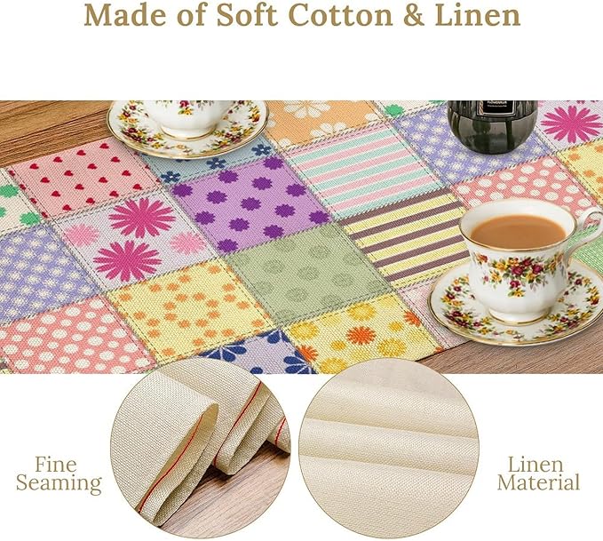 Patchwork Table Runner, Vintage Colorful Floral Plaid Tablecloth Table Runner for Indoors Outdoor Dining Kitchen Home Party 13x120in
