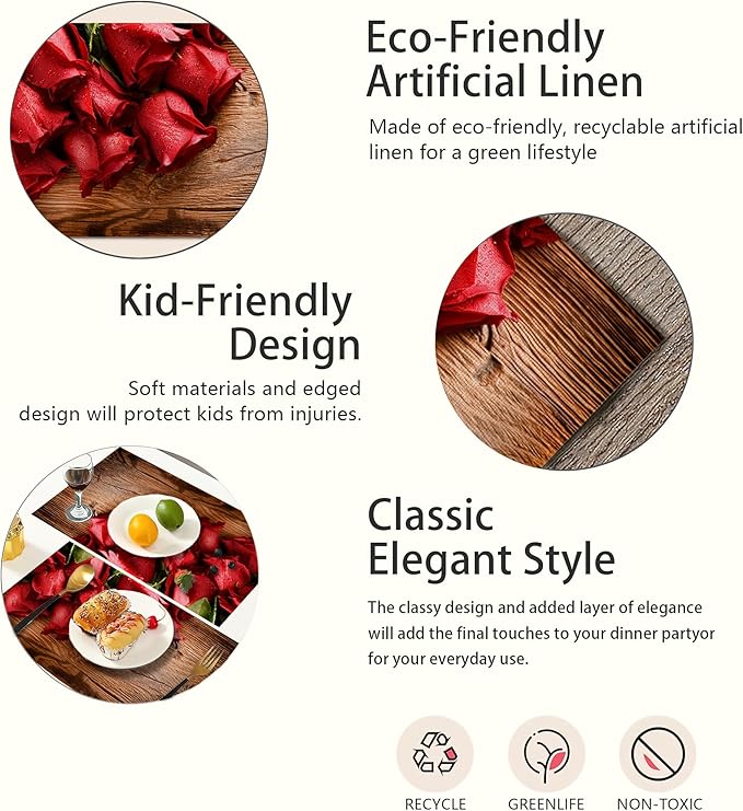 Vintage Wood Panel Red Rose Placemats Set of 6,Valentine's Day Place Mats Heat Resistant Washable Non-Slip Table Mats for Party Kitchen Dining Decor 12x18 Inch